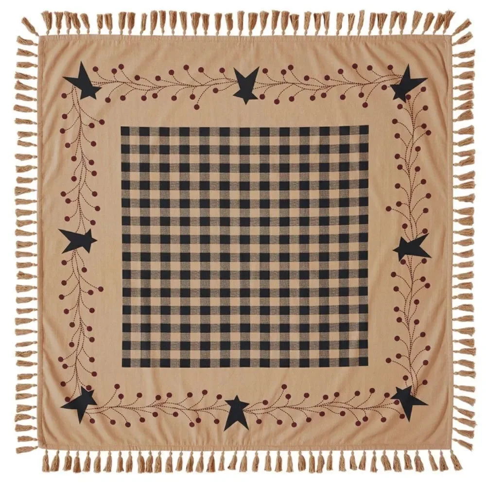 Primitive Star and Pip Berry Table Topper with Plaid Center and Tassel Edge
